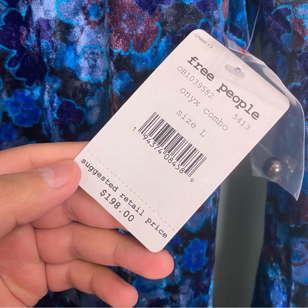 Free People Heartland Velvet Maxi Dress Blue Floral Open Back‎ Long Sleeve Large - Picture 4 of 8